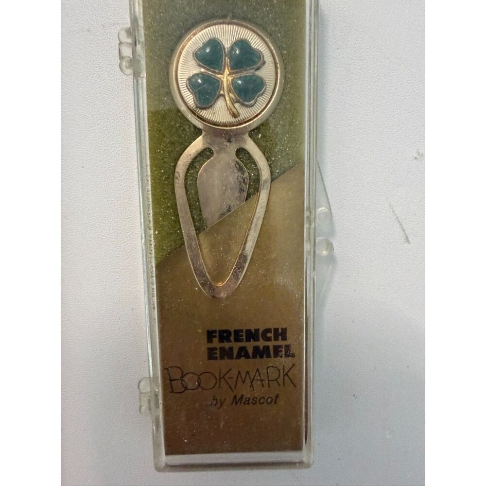 Vintage French enamel bookmark by Mascot- four leaf clover (New)